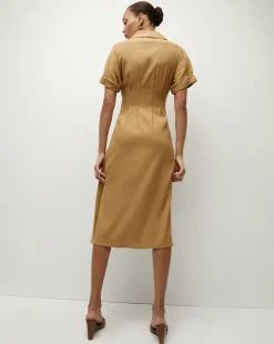 Adavi Khaki Linen Shirt Dress><noscript><img width=