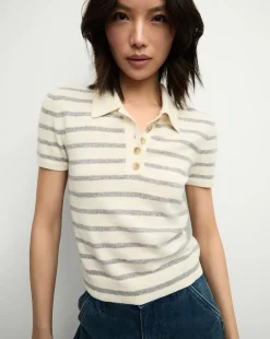 Brandt Striped Cashmere Polo in Ivory/Heather Grey>Veronica Beard Discount