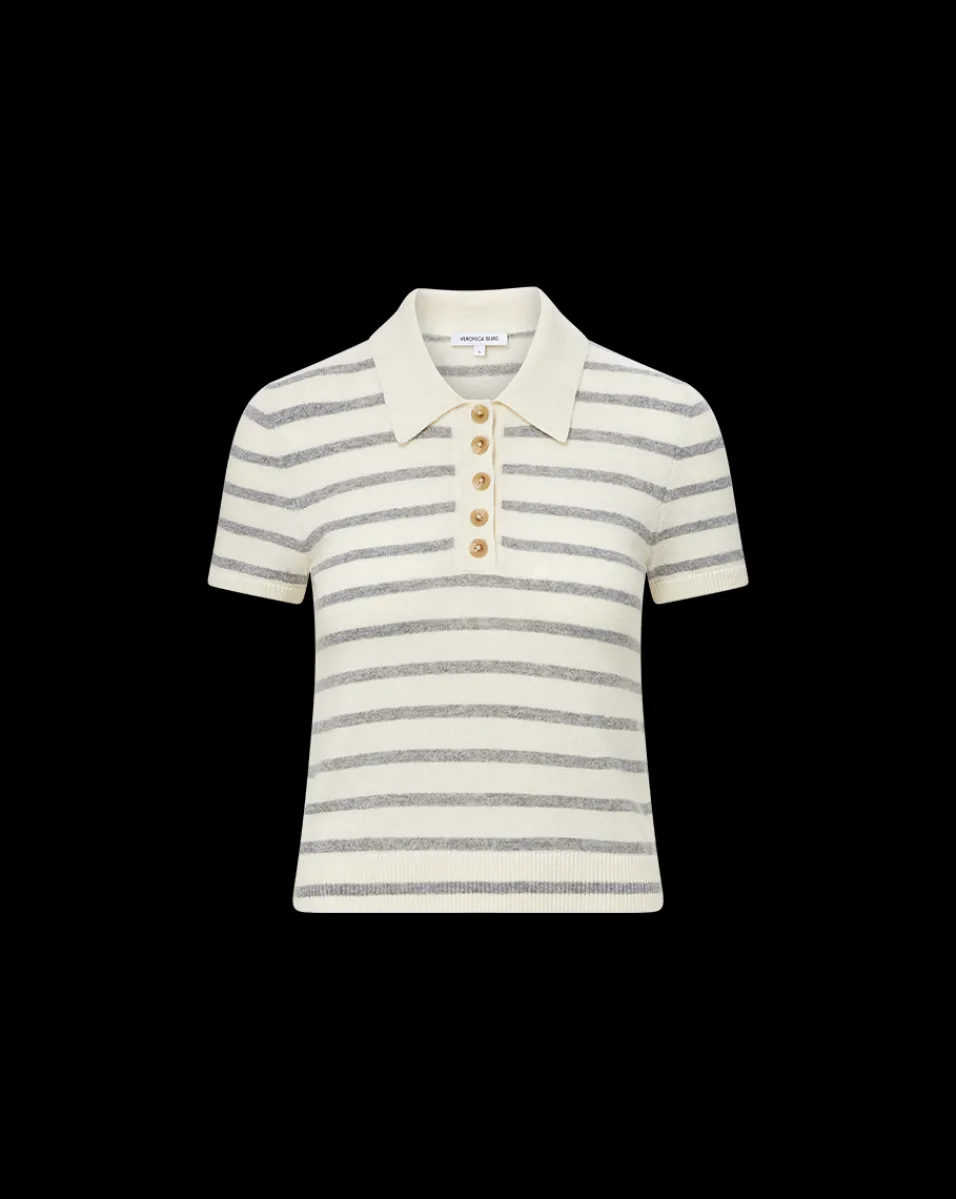 Brandt Striped Cashmere Polo in Ivory/Heather Grey>Veronica Beard Discount