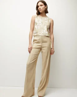 Clarendon Stretch-Linen Top in Stone Khaki/Off-White><noscript><img width=