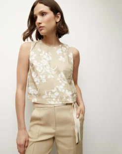 Clarendon Stretch-Linen Top in Stone Khaki/Off-White><noscript><img width=