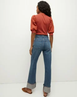 Coralee Puff-Sleeve Top in Brick Red><noscript><img width=