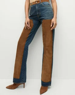 Dylan Suede-Patchwork Straight-Leg Jean in Equinox Blue>Veronica Beard Sale