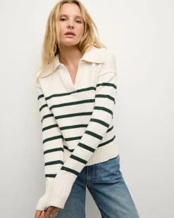 Jovie Striped V Neck Sweater in Ivory & Green><noscript><img width=