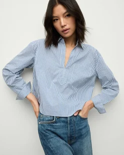 Khai Cropped Tunic Top in Blue/White Stripe>Veronica Beard Online