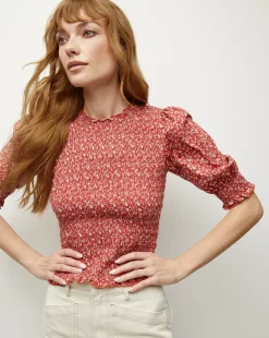 Langston Smocked Top in Brick Red/White>Veronica Beard