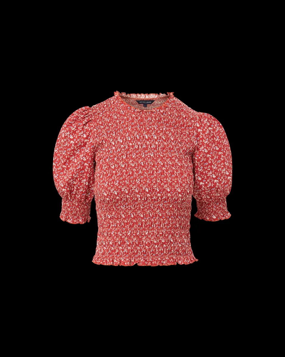 Langston Smocked Top in Brick Red/White>Veronica Beard