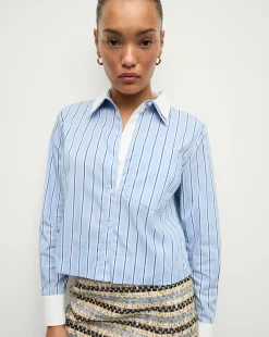Maia Double-Collar Shirt in Blue Sky/White>Veronica Beard Online