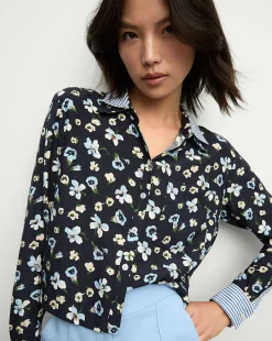 Maia Floral Silk Double-Collar Shirt in Navy Multi>Veronica Beard