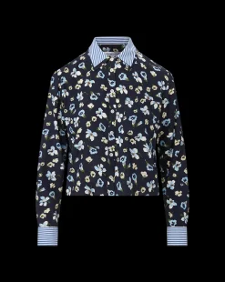 Maia Floral Silk Double-Collar Shirt in Navy Multi><noscript><img width=