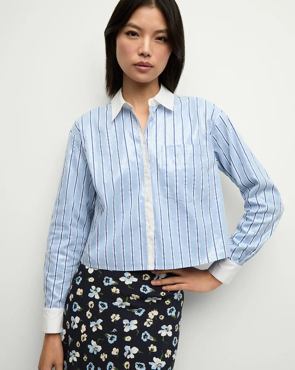 Maia Sequin Shirt in Blue Sky/White>Veronica Beard Clearance