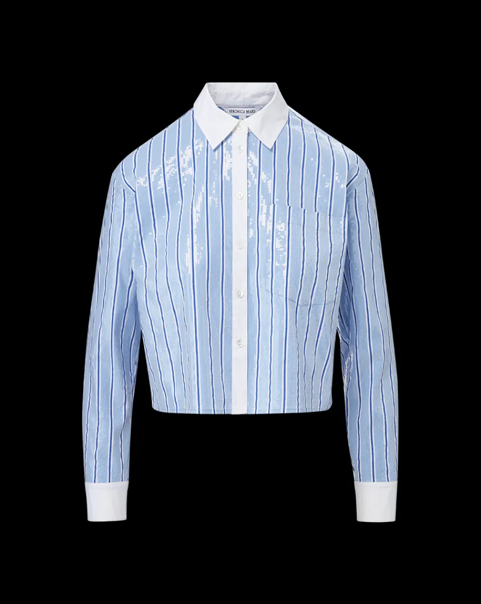 Maia Sequin Shirt in Blue Sky/White>Veronica Beard Clearance