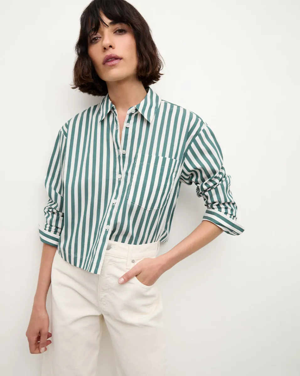 Maia Striped Shirt in Green/White>Veronica Beard Sale