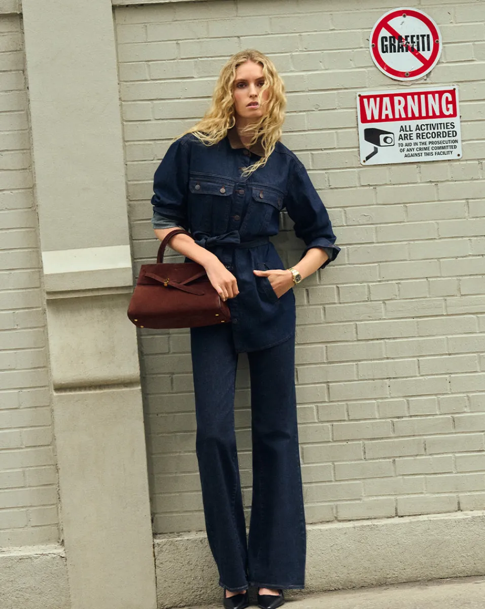 Mikaela Shacket With Cord Collar in Indigo Rinse>Veronica Beard Best