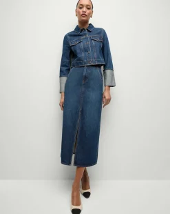 Phila Cropped Denim Jacket in Blue Denim>Veronica Beard Sale