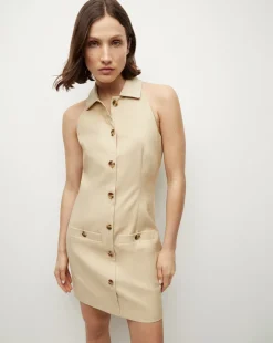 Roxanne Stretch-Linen Shirtdress in Stone Khaki>Veronica Beard New