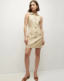 Roxanne Stretch-Linen Shirtdress in Stone Khaki>Veronica Beard New