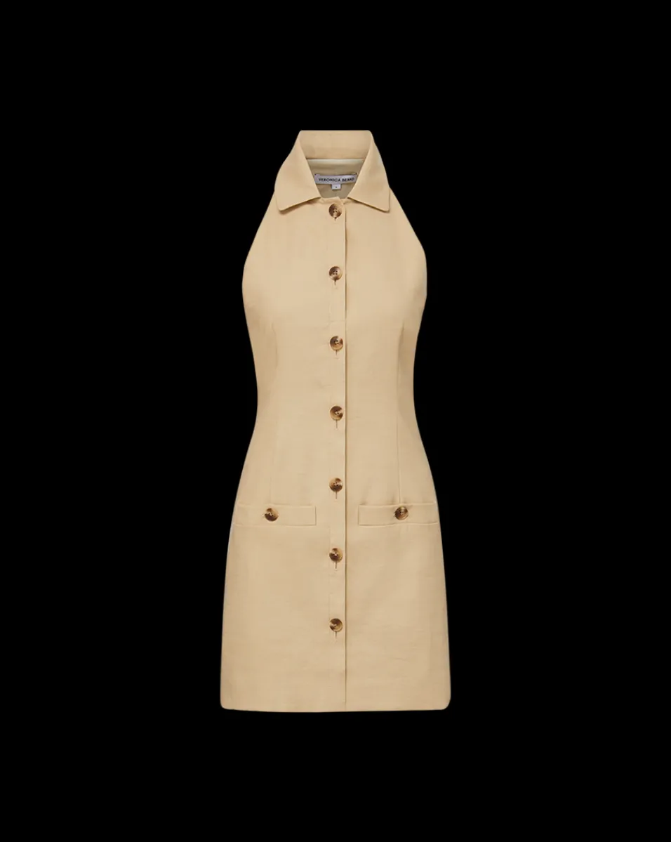 Roxanne Stretch-Linen Shirtdress in Stone Khaki>Veronica Beard New