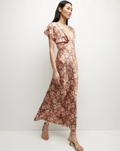 Seymour Stretch-Silk Dress in Deep Ochre Multi>Veronica Beard Sale