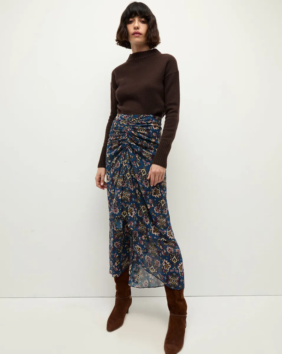 Sira Long Ruched Silk Skirt in Blue-Stone-Multi>Veronica Beard Online