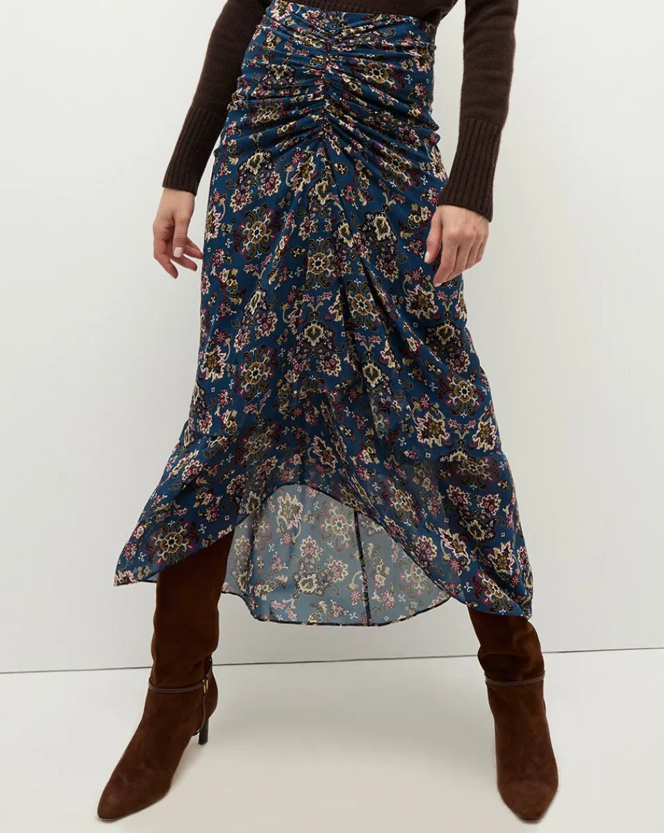 Sira Long Ruched Silk Skirt in Blue-Stone-Multi>Veronica Beard Online