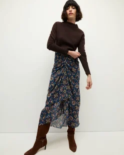 Sira Long Ruched Silk Skirt in Blue-Stone-Multi><noscript><img width=