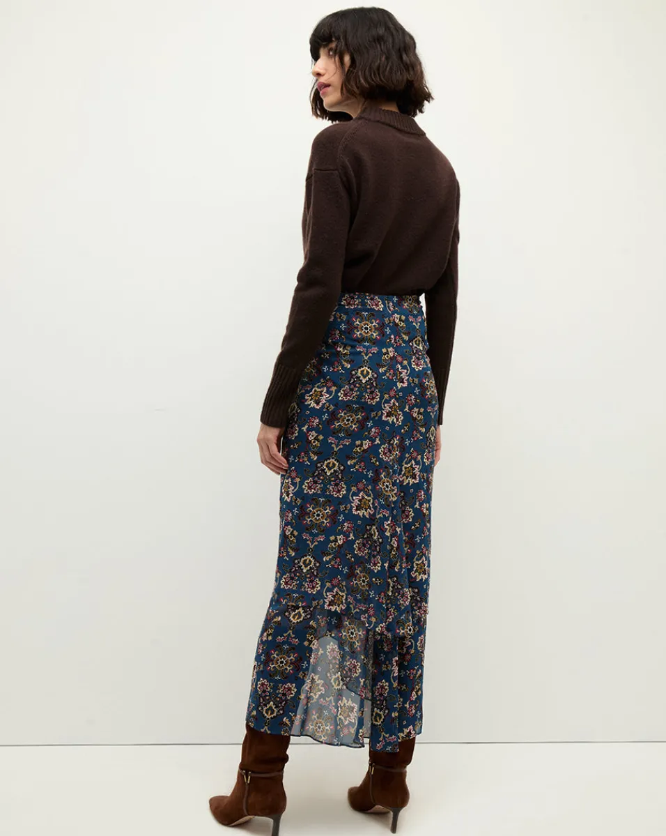 Sira Long Ruched Silk Skirt in Blue-Stone-Multi>Veronica Beard Online