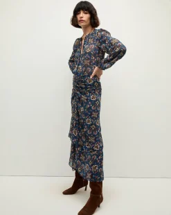 Sira Long Ruched Silk Skirt in Blue-Stone-Multi><noscript><img width=