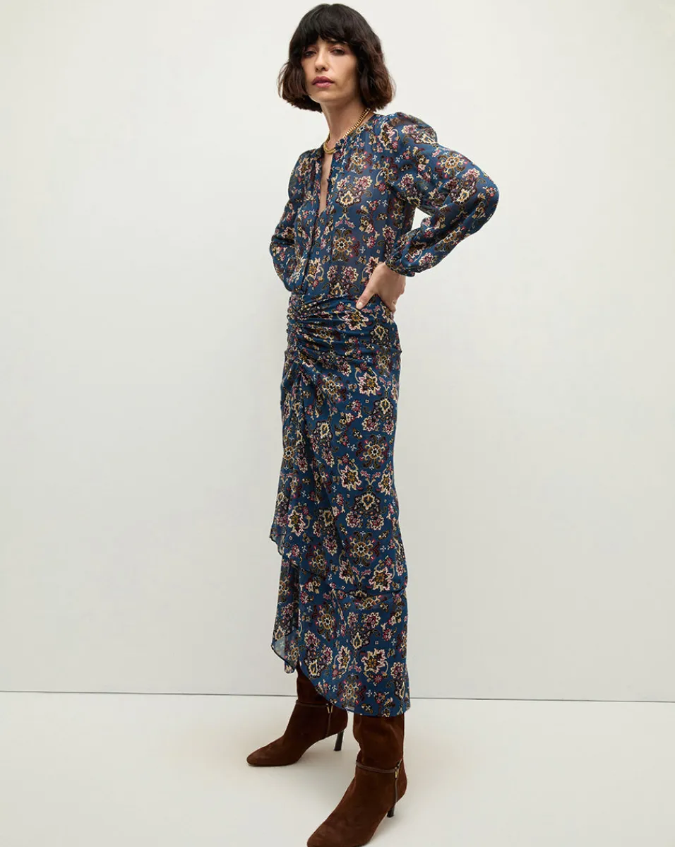 Sira Long Ruched Silk Skirt in Blue-Stone-Multi>Veronica Beard Online