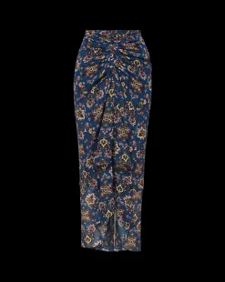Sira Long Ruched Silk Skirt in Blue-Stone-Multi><noscript><img width=