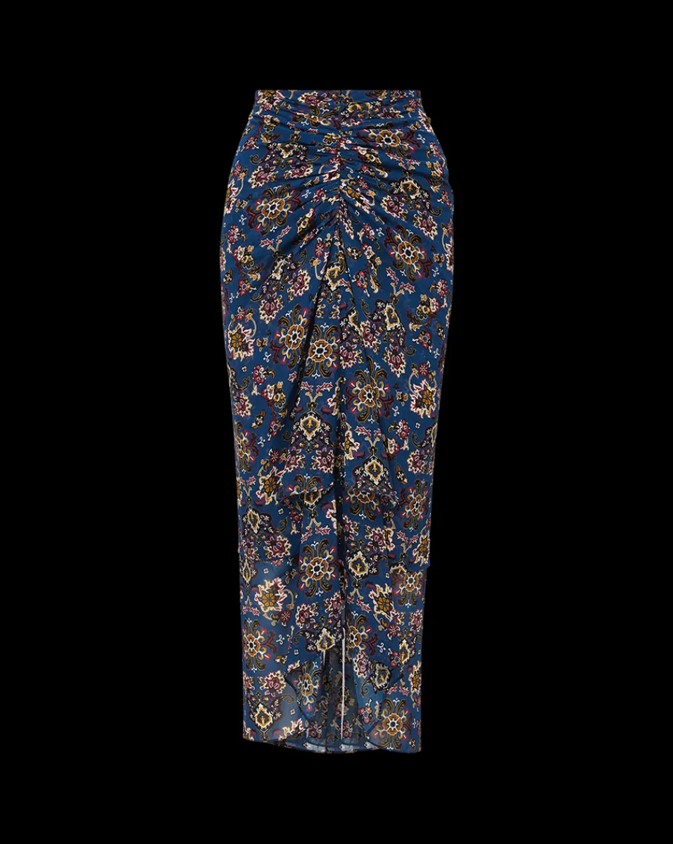 Sira Long Ruched Silk Skirt in Blue-Stone-Multi>Veronica Beard Online