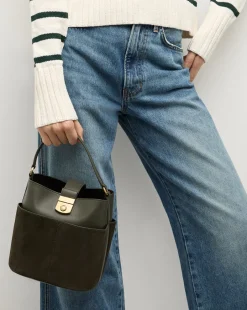 Small Crest Lock Suede Bucket Bag in><noscript><img width=