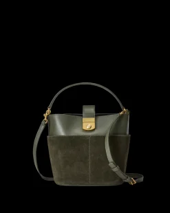 Small Crest Lock Suede Bucket Bag in><noscript><img width=