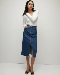 Victoria Raw-Edge Midi Denim Skirt>Veronica Beard Best