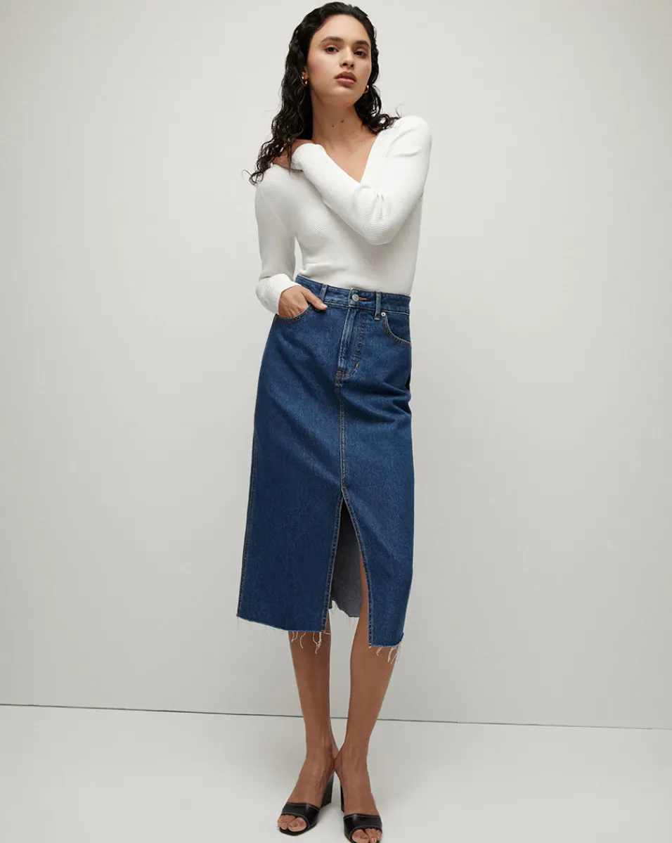 Victoria Raw-Edge Midi Denim Skirt>Veronica Beard Best