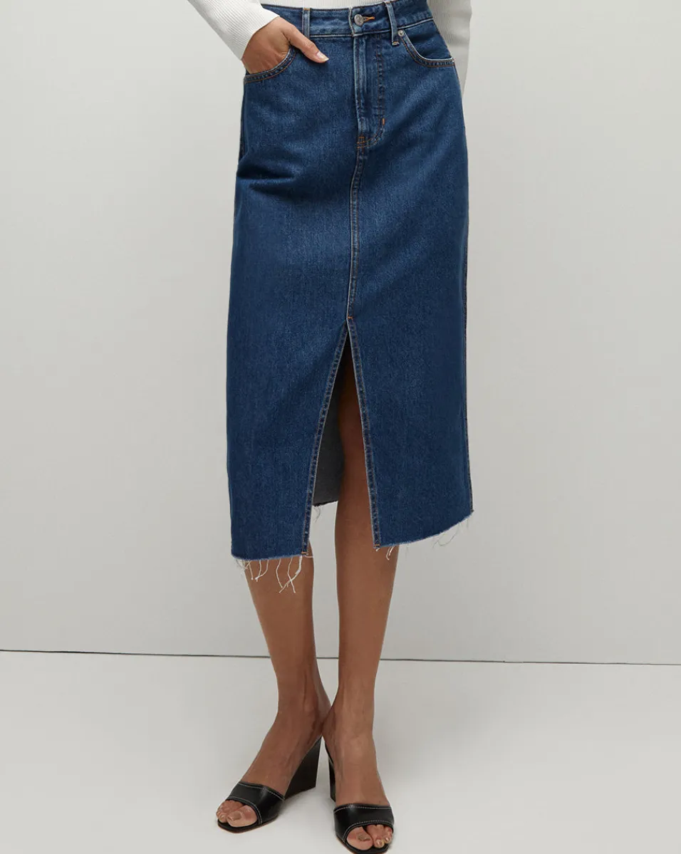 Victoria Raw-Edge Midi Denim Skirt>Veronica Beard Best