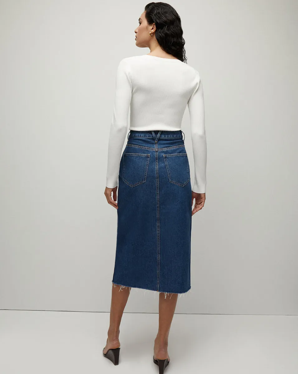 Victoria Raw-Edge Midi Denim Skirt>Veronica Beard Best