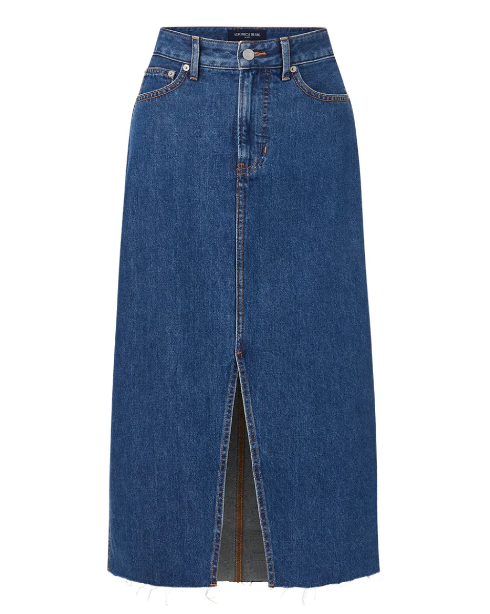 Victoria Raw-Edge Midi Denim Skirt>Veronica Beard Best