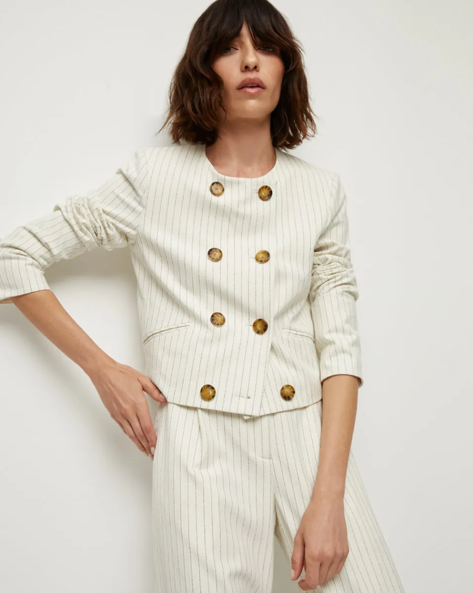Winslow Pinstripe Collarless Jacket>Veronica Beard